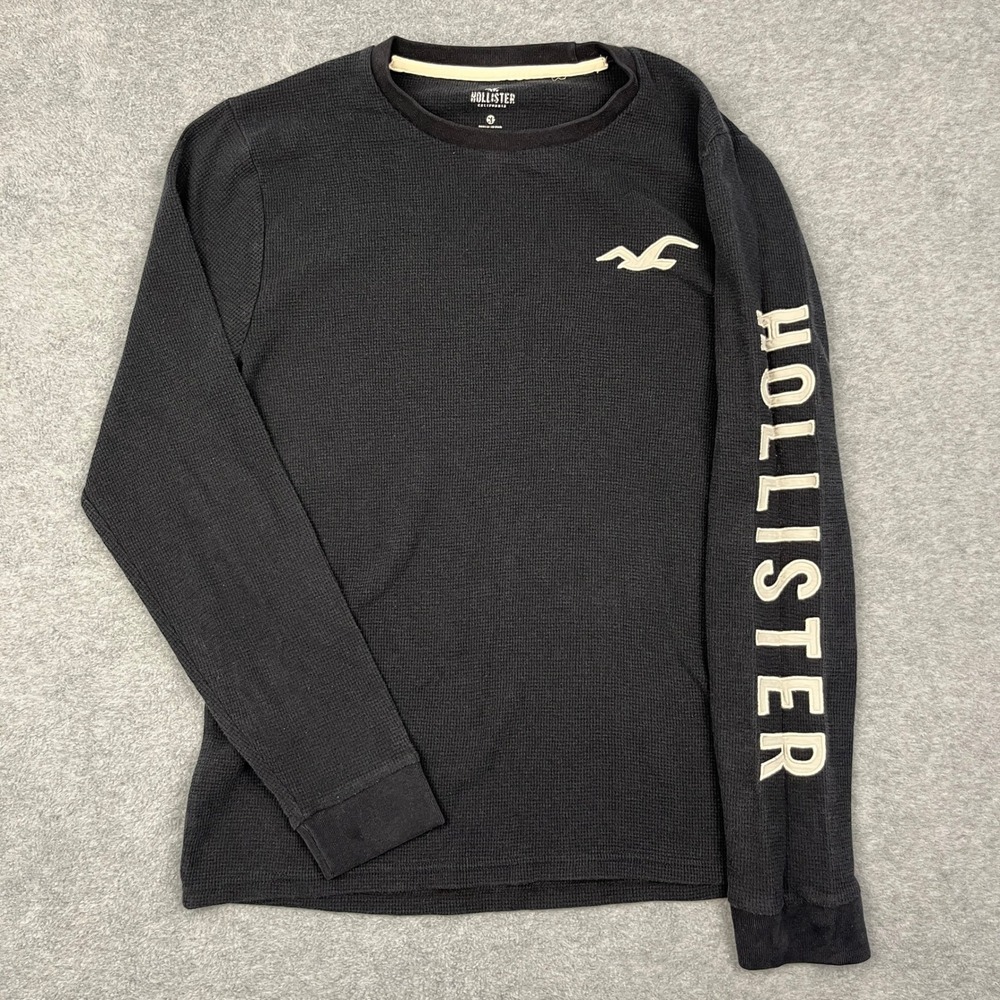 Hollister Waffle Knit Shirt Mens Medium Black Logo Graphic Long Sleeve Thermal